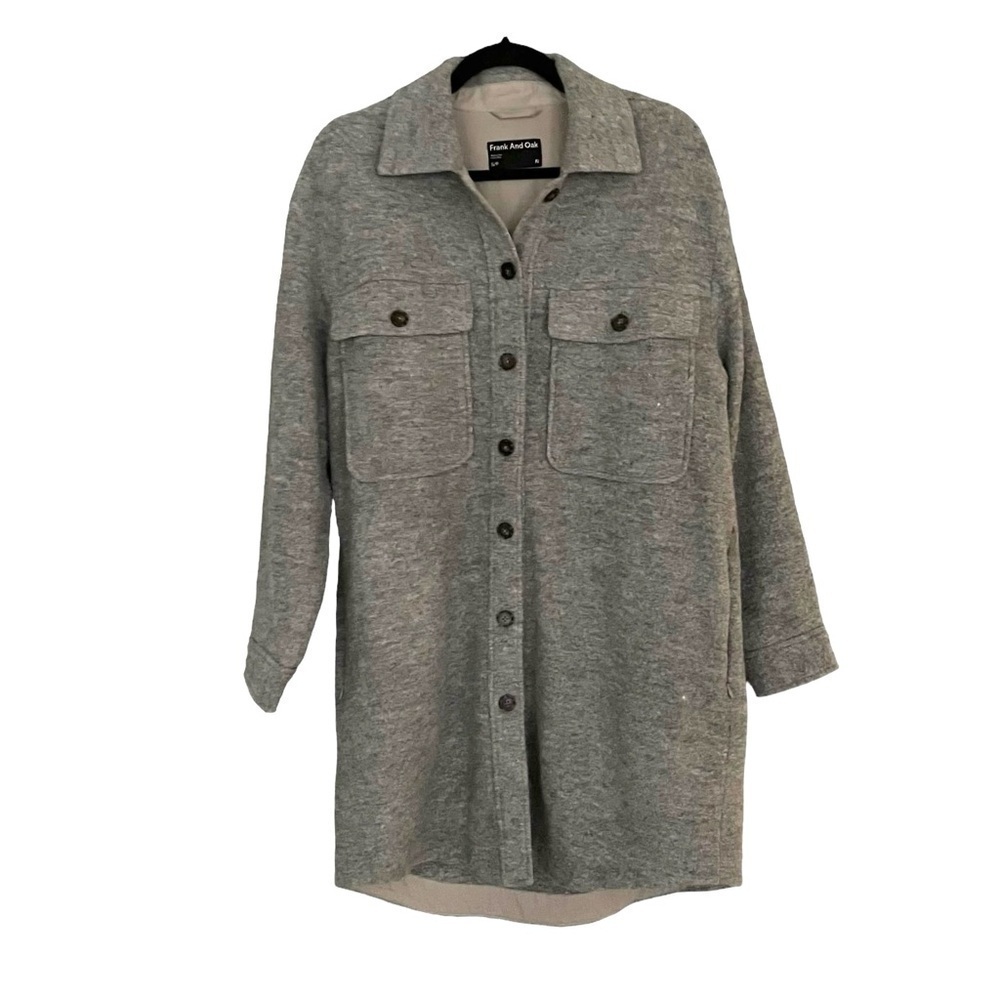 FRANK & OAK Wool Button Front Long Shacket Coat Grey S